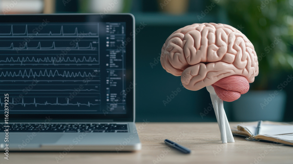 Aufkleber model brain sits on desk next to laptop displaying brainwave data, symbolizing intersection of neuro