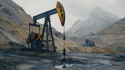 Oil pump jack in mountainous terrain, extraction site with machinery and snowy peak in background.