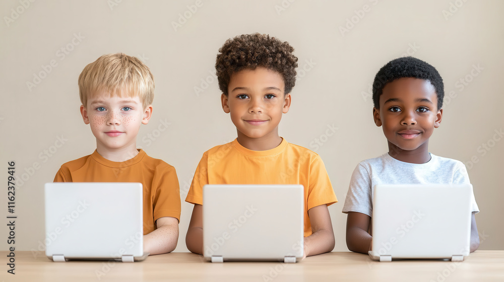 Poster three young boys sitting at table using laptops, learning coding together