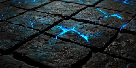 Close up of a black stone floor with blue streaks
