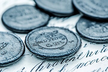 Close-up of antique lead seals on parchment.