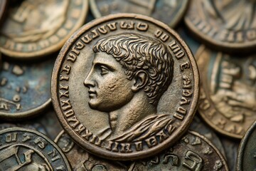 Close-up of ancient Roman bronze coin with emperor's profile, surrounded by other coins.