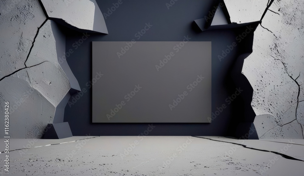 Poster large black screen is in the middle of a room with a large wall