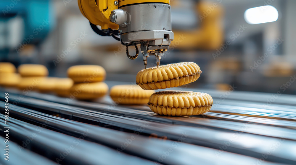 Poster robotic arm efficiently handles cookies on conveyor belt in modern factory setting, showcasing advan
