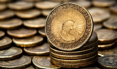 Close-up of antique gold coin on stack of coins.