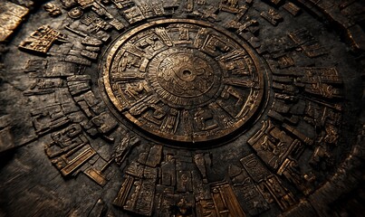 Close-up of ancient circular stone carving with intricate details and symbols.