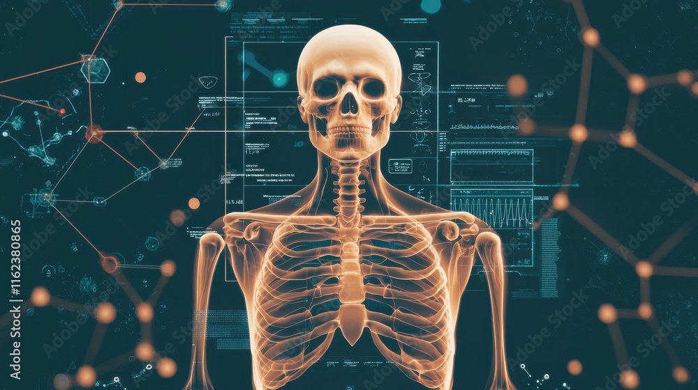 Poster digital representation of human skeleton with data overlays and network connections, illustrating ad