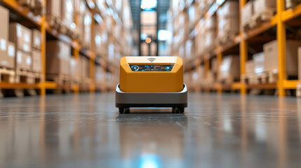 Autonomous forklifts guided by AI navigate efficiently in high tech warehouse, surrounded by neatly stacked boxes on shelves, showcasing advanced logistics technology