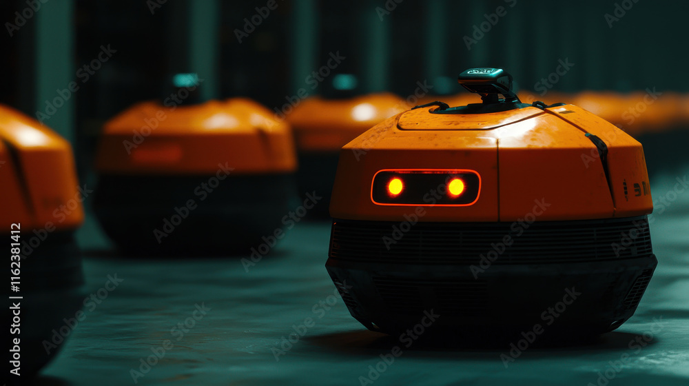 Aufkleber autonomous robots with glowing eyes navigate futuristic factory floor, showcasing advanced technolog