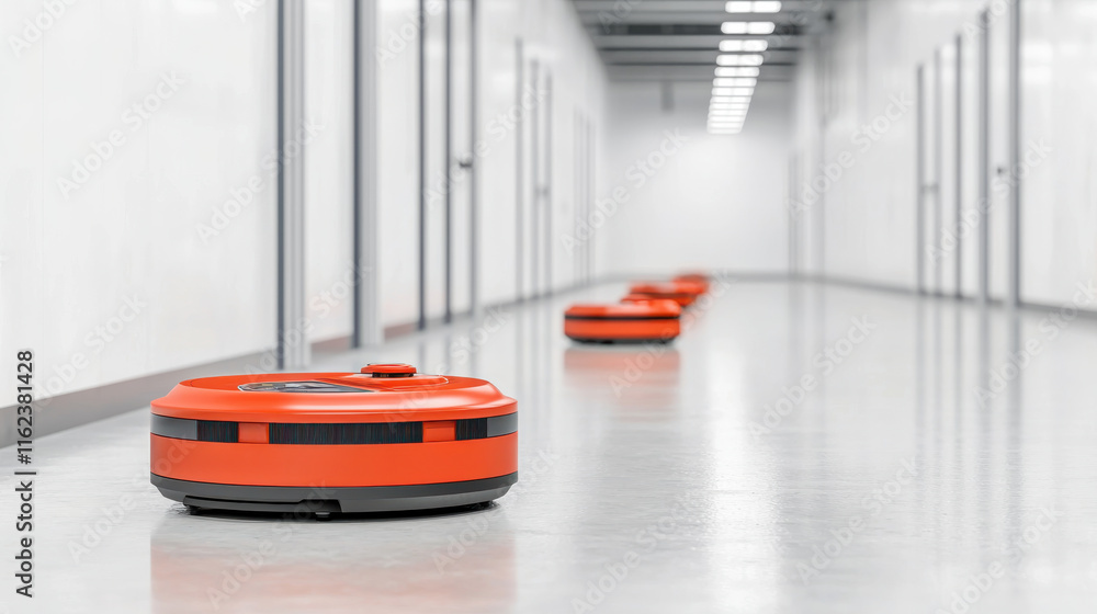 Poster autonomous robots navigate futuristic factory floor, showcasing advanced technology and innovation i