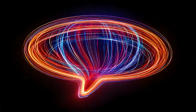 Vibrant light trails form a dynamic speech bubble, perfect for communication, technology, and social media concepts.  Its energetic design adds a modern, abstract touch to any project. - Powered by Adobe