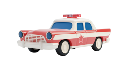 3d illustration of a red and white cartoon police car with siren lights, isolated on transparent background