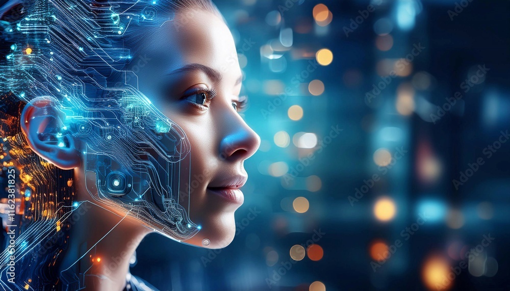 Poster artificial intelligence robot with circuitry, symbolizing technology, innovation, and future.