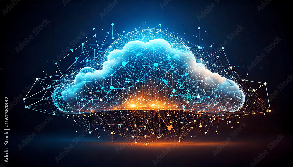 Poster stunning abstract cloud computing concept image. a vibrant, glowing cloud is intricately connected b