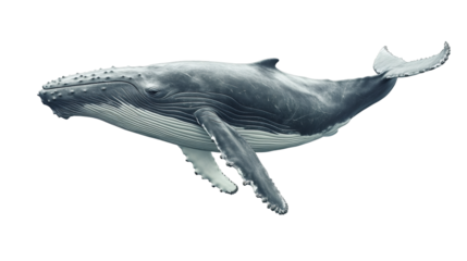 Large humpback whale swimming underwater with transparent background, perfect for marine life projects