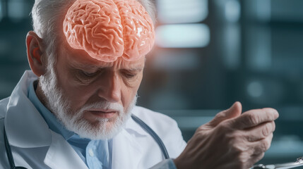 thoughtful doctor examines patient data with digital brain overlay, symbolizing advanced medical technology and cognitive analysis in healthcare