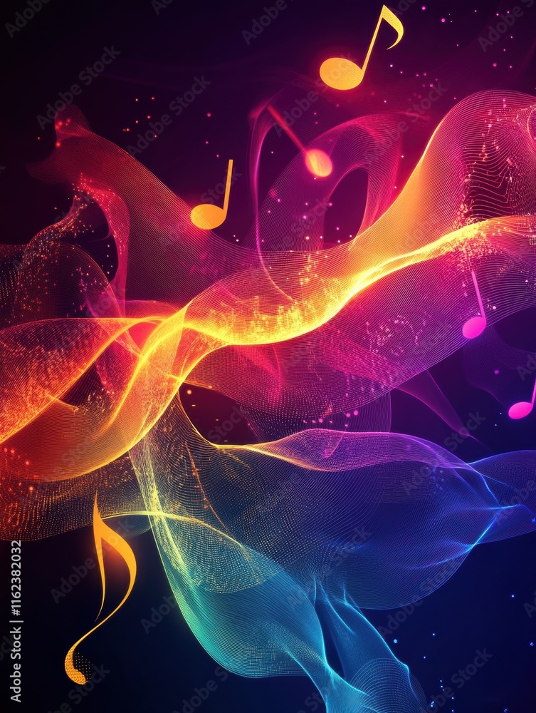 Leinwandbilder Vibrant 3D music notes floating over dynamic colorful waves in an abstract background. Generative AI