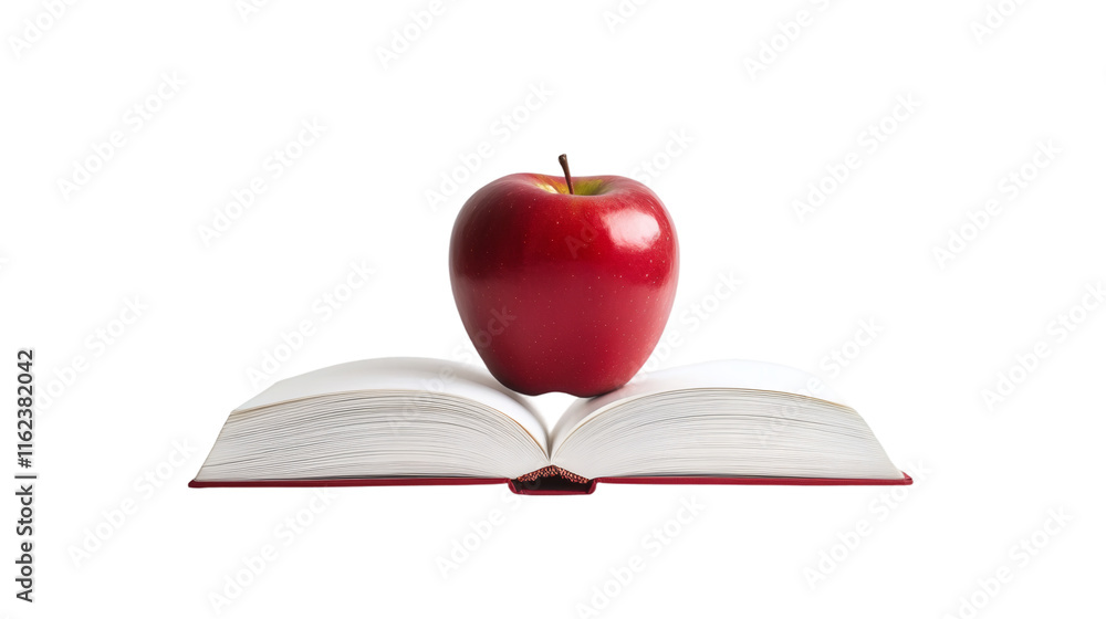 Poster red apple resting on open book, symbolizing learning and knowledge against transparent backdrop, aca