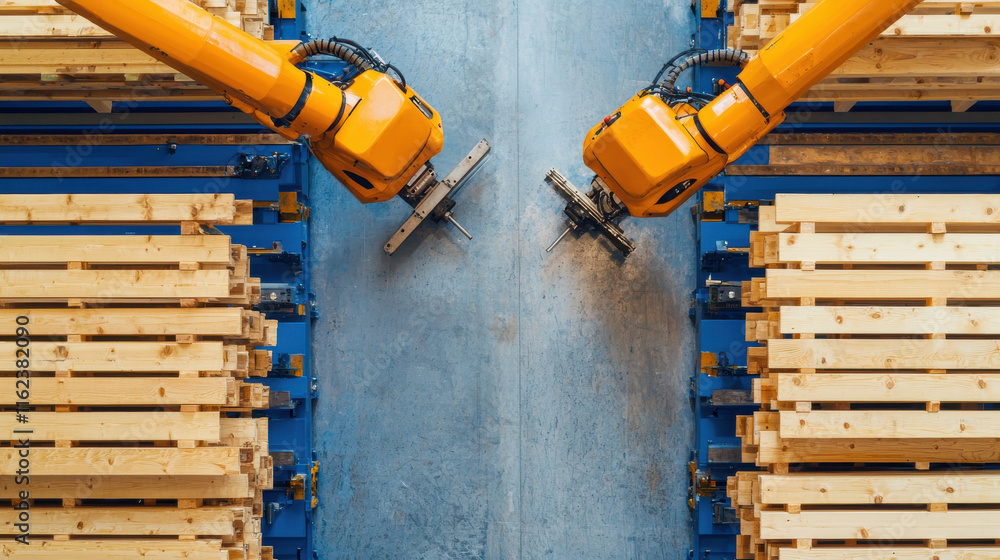 Aufkleber robotic arms assembling wooden pallets in industrial setting, showcasing automation and precision. s