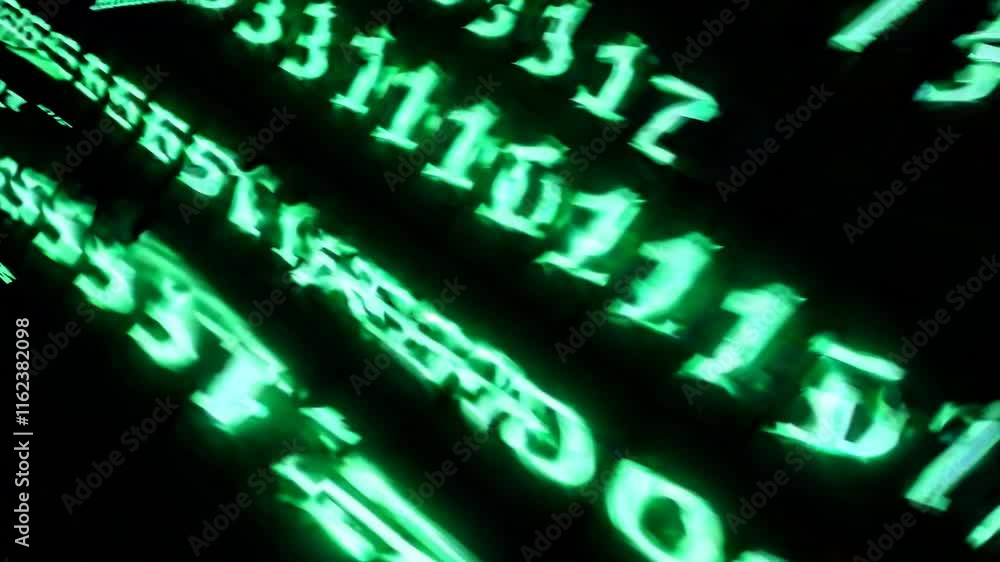 Poster an abstract representation of digital data with green numbers and symbols on a dark background, show