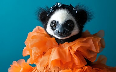 A cute black and white lemur wearing an orange dress against a teal background.