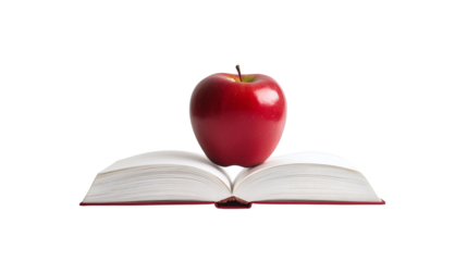 Red apple resting on open book, symbolizing learning and knowledge against transparent backdrop, academic concept