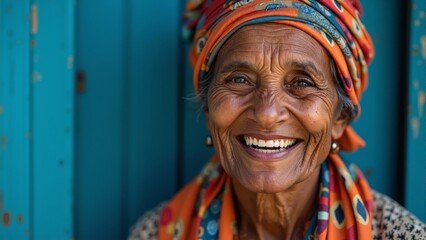 Fototapeta premium Joyful laughter of a woman wearing vibrant colors against a rustic backdrop