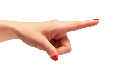 Female hand pointing elegantly with red-polished nail, index finger extended sideways against transparent backdrop