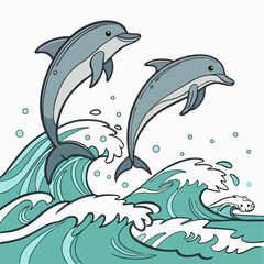 Obraz premium A dynamic illustration featuring two dolphins leaping in unison, set against crashing waves and sparkling ocean spray, capturing the lively spirit of the sea.