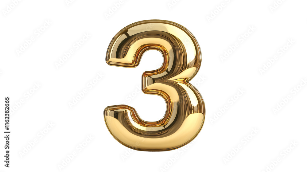 Poster shiny golden number three on transparent background, ideal for compositions related to rankings, bir