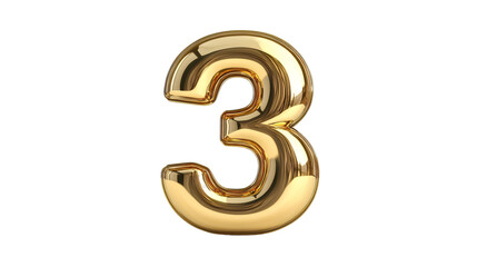 Shiny golden number three on transparent background, ideal for compositions related to rankings, birthdays or anniversaries