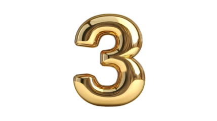 Shiny golden number three on transparent background, ideal for compositions related to rankings, birthdays or anniversaries