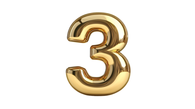 Shiny golden number three on transparent background, ideal for compositions related to rankings, birthdays or anniversaries