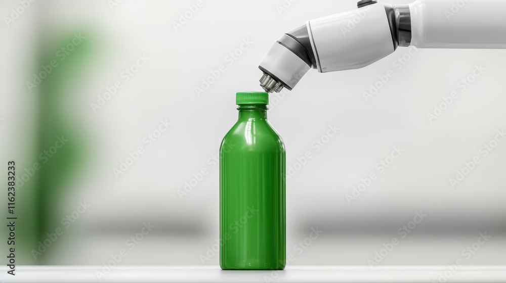 Poster robotic arm precisely places cap on green bottle in automated bottling line, showcasing advanced tec