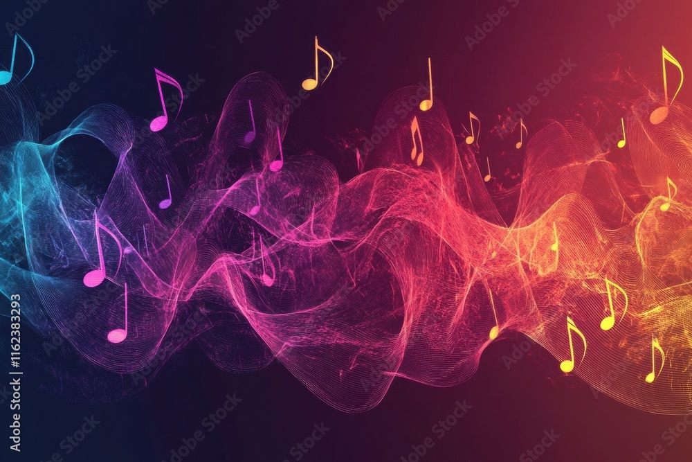 Fototapete Vibrant 3D music notes flowing in colorful waves creating a dynamic visual harmony. Generative AI