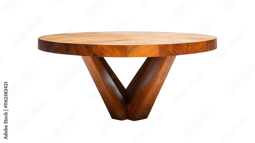 Poster modern round wooden table with v-shaped legs isolated on transparent background, perfect for interio