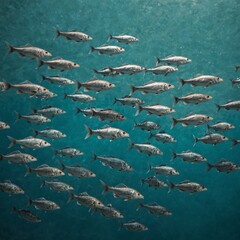 Obraz premium A school of fish swimming in a light aqua background.