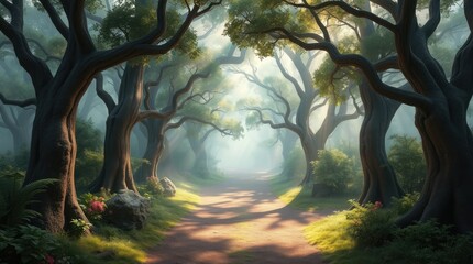 A cute and enchanting forest landscape with pathways that lead to fantastical regions, surreal settings, and impossible destinations, complete with volumetric lighting and visible light beams through 