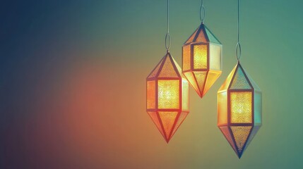 Three Illuminated Geometric Lanterns Hanging Against A Soft Background