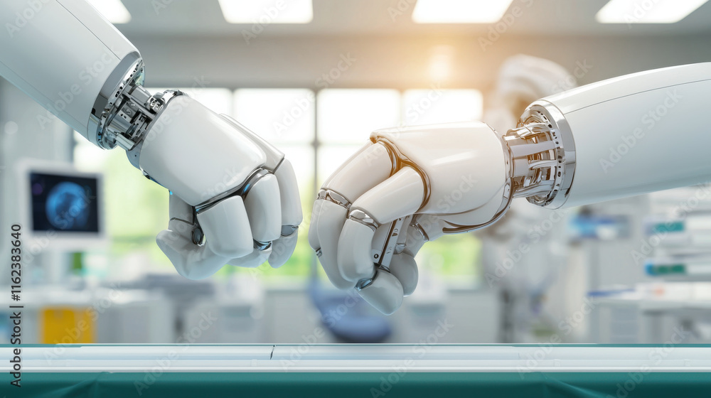 Poster two robotic hands fist bumping in high tech laboratory, symbolizing collaboration and innovation in 