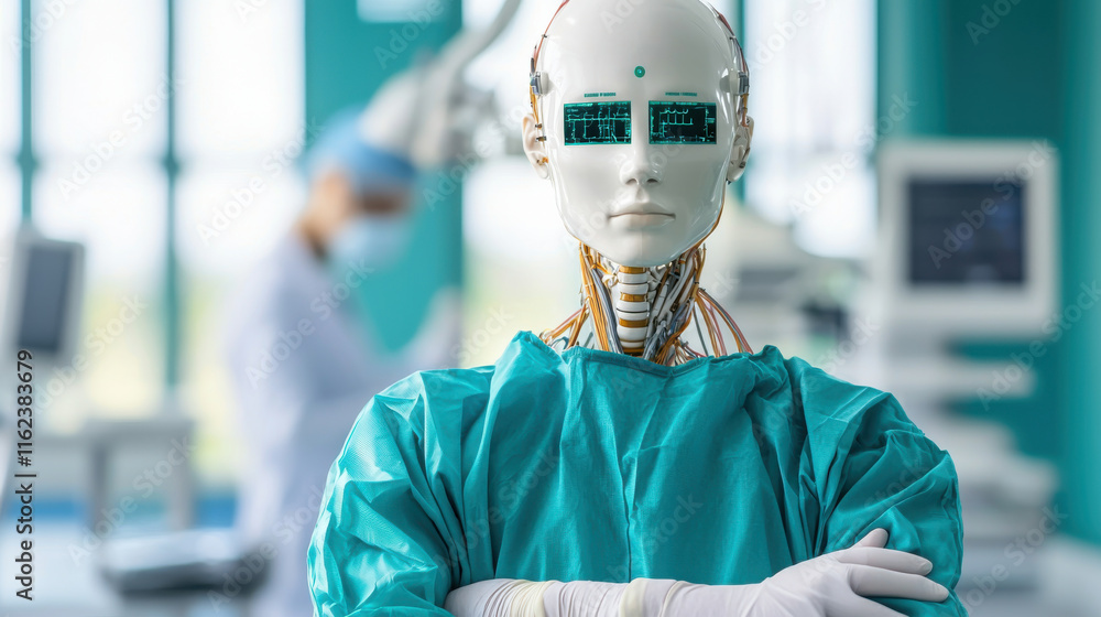 Poster humanoid robot in surgical gown stands confidently in high tech medical lab, with advanced ai softwa
