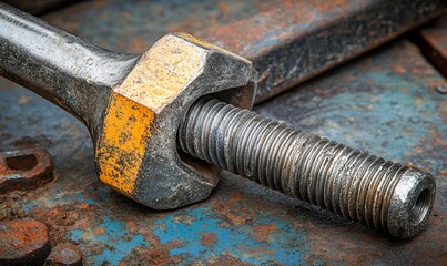 Close-up of rusty metal bolt and nut.