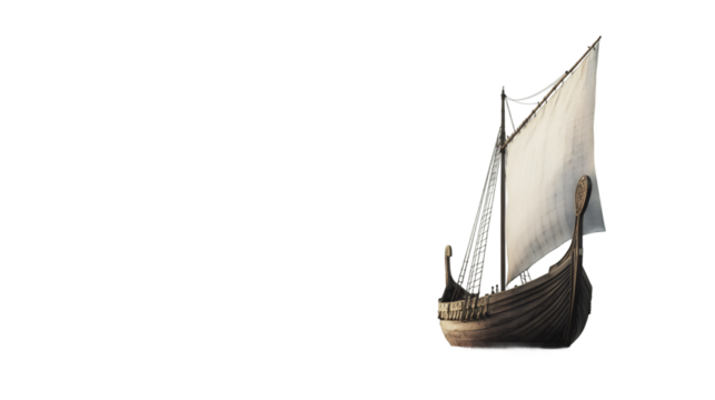 3D rendering of a viking longship sailing with a white sail deployed, isolated on transparent background