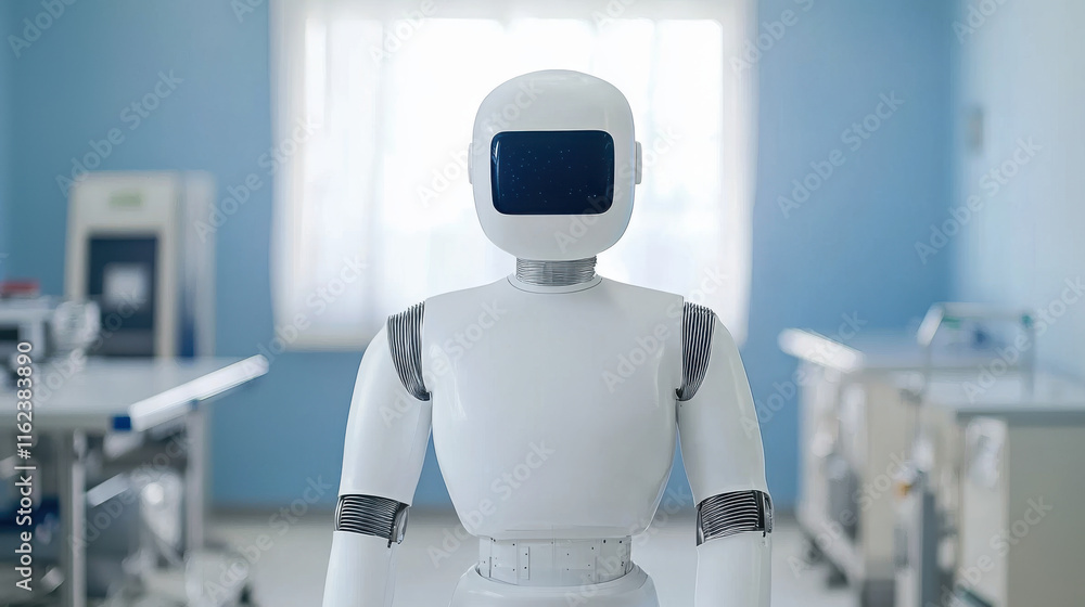 Poster humanoid robot stands in modern laboratory, showcasing advanced technology and innovation. robot sle