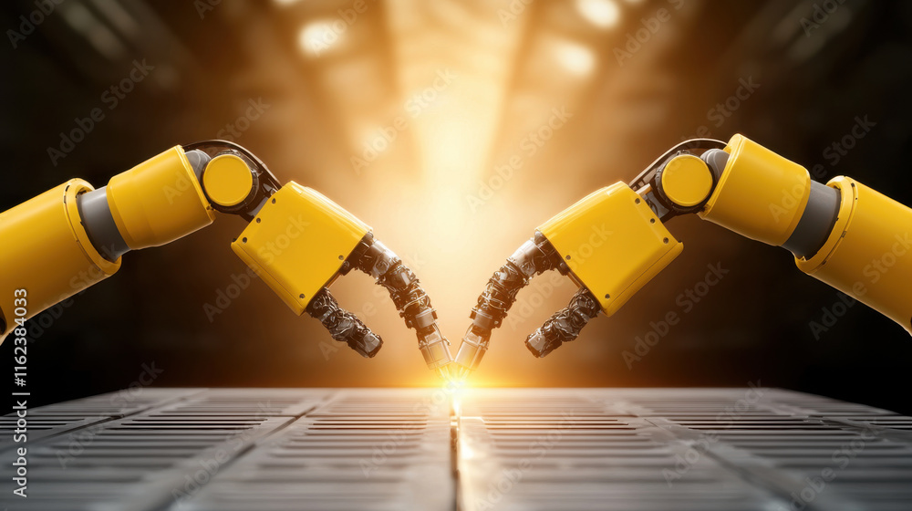 Poster two industrial robots work together in factory, assembling components with precision and efficiency,