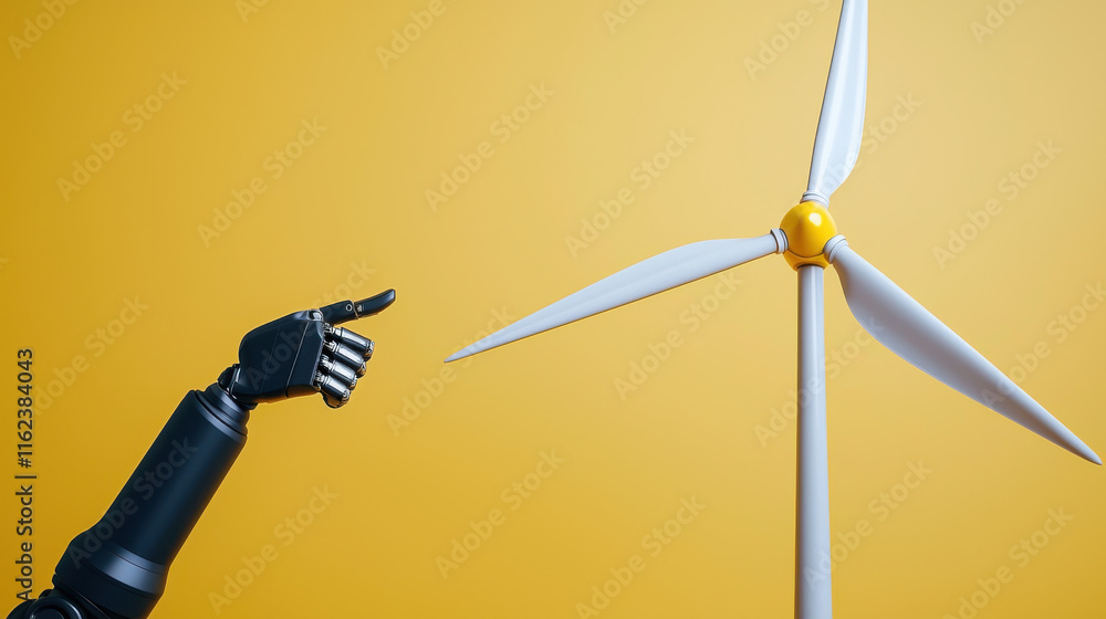 Poster robotic arm points towards wind turbine against yellow background, symbolizing integration of techno