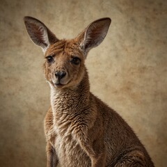 Fototapeta premium A kangaroo with a joey peeking out of its pouch on a pale tan background.