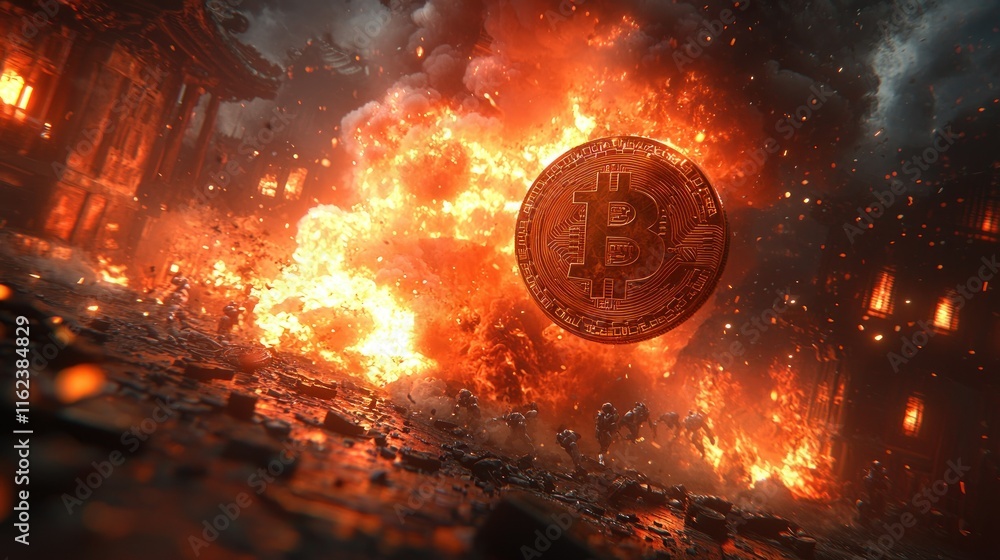 Aufkleber explosive scene with a bitcoin in a fiery setting.