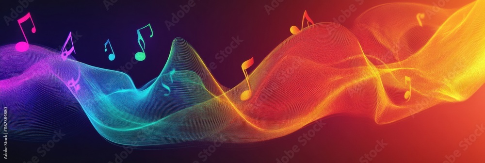 Poster vibrant 3d music notes flowing through colorful abstract waves in a digital design. generative ai