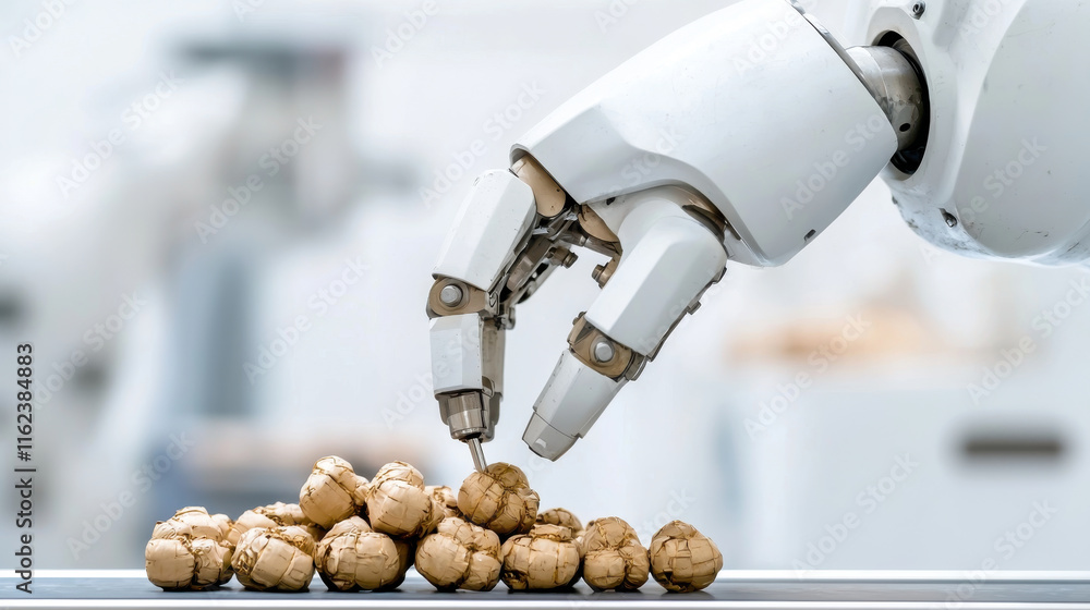 Poster robotic arm with advanced vision system inspects products for defects, showcasing precision in autom
